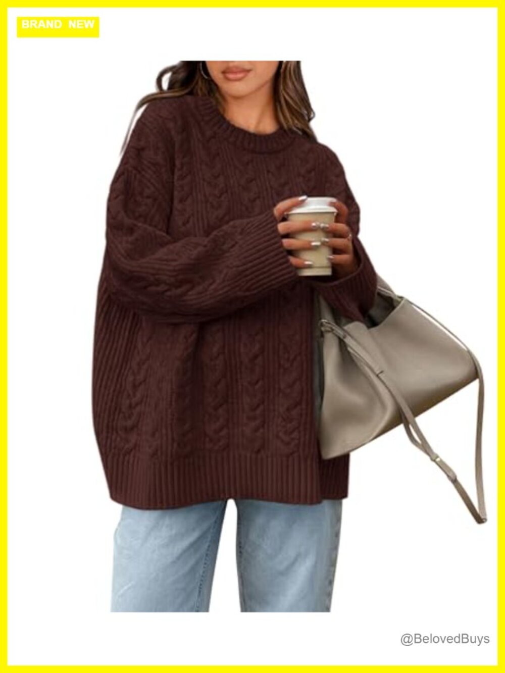 Oversized Cable Knit Sweater Crewneck Chunky Pullover Long Sleeve Cozy